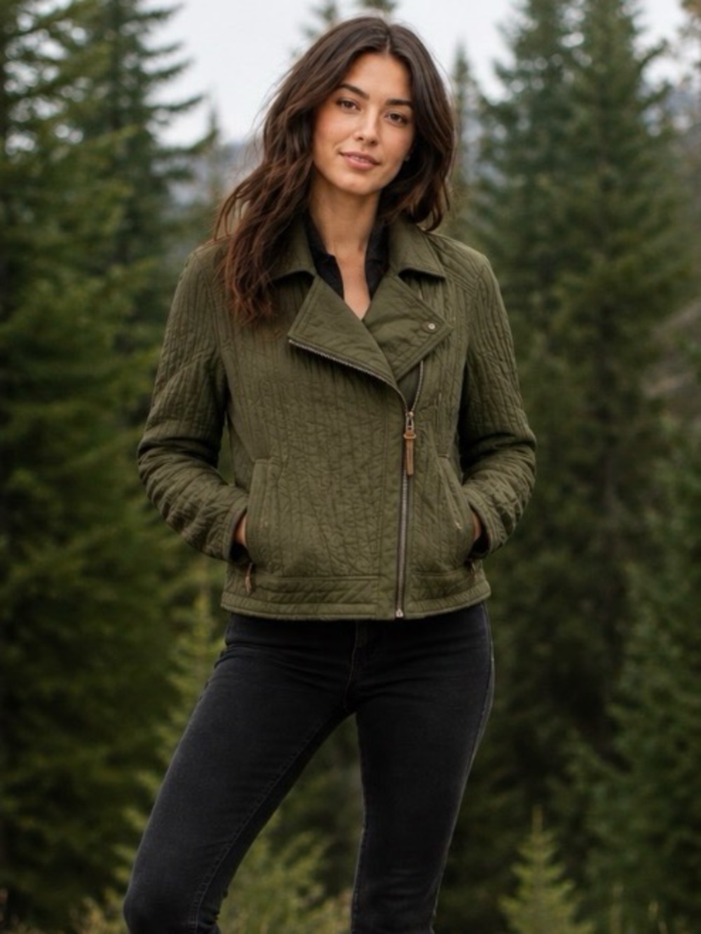 ROOTS Canada Army Green Quilted Moto Jacket 100% Cotton M MSRP $200